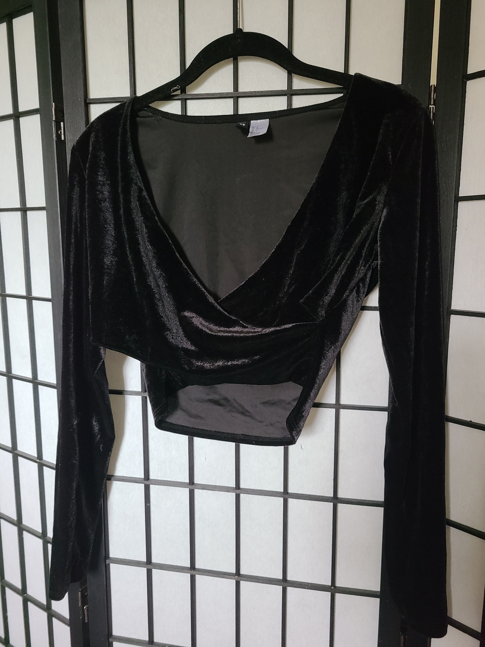 Velvet Long-Sleeve Wrap Crop Top - Black